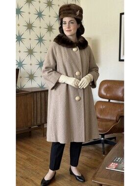 Vintage 50s 60s Tweed Wool Beaver Fur Collar Swing Coat XL Tan Silk Lined Retro